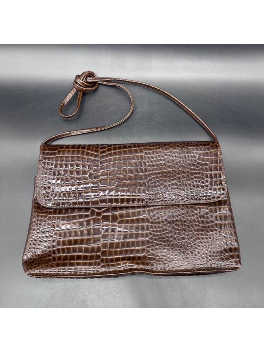 Vintage Brown Shoulder Bag Purse Faux Crocodile Retro Fashion Accessory - Picture 2 of 10